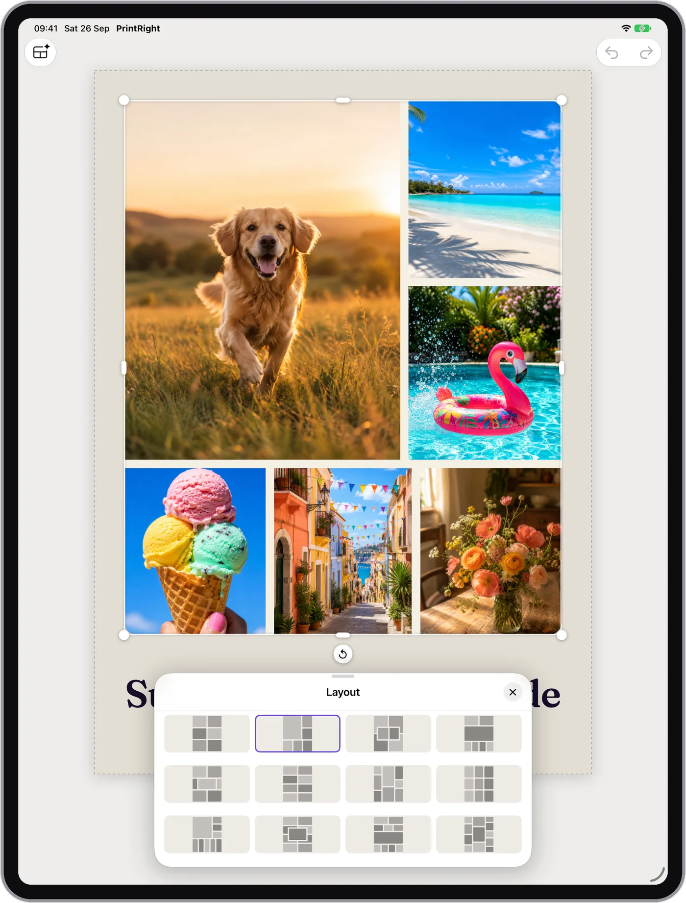 iPad’de PrintRight: altı fotoğraflı bir yaz kolajı ve altında açık duran düzen seçici.