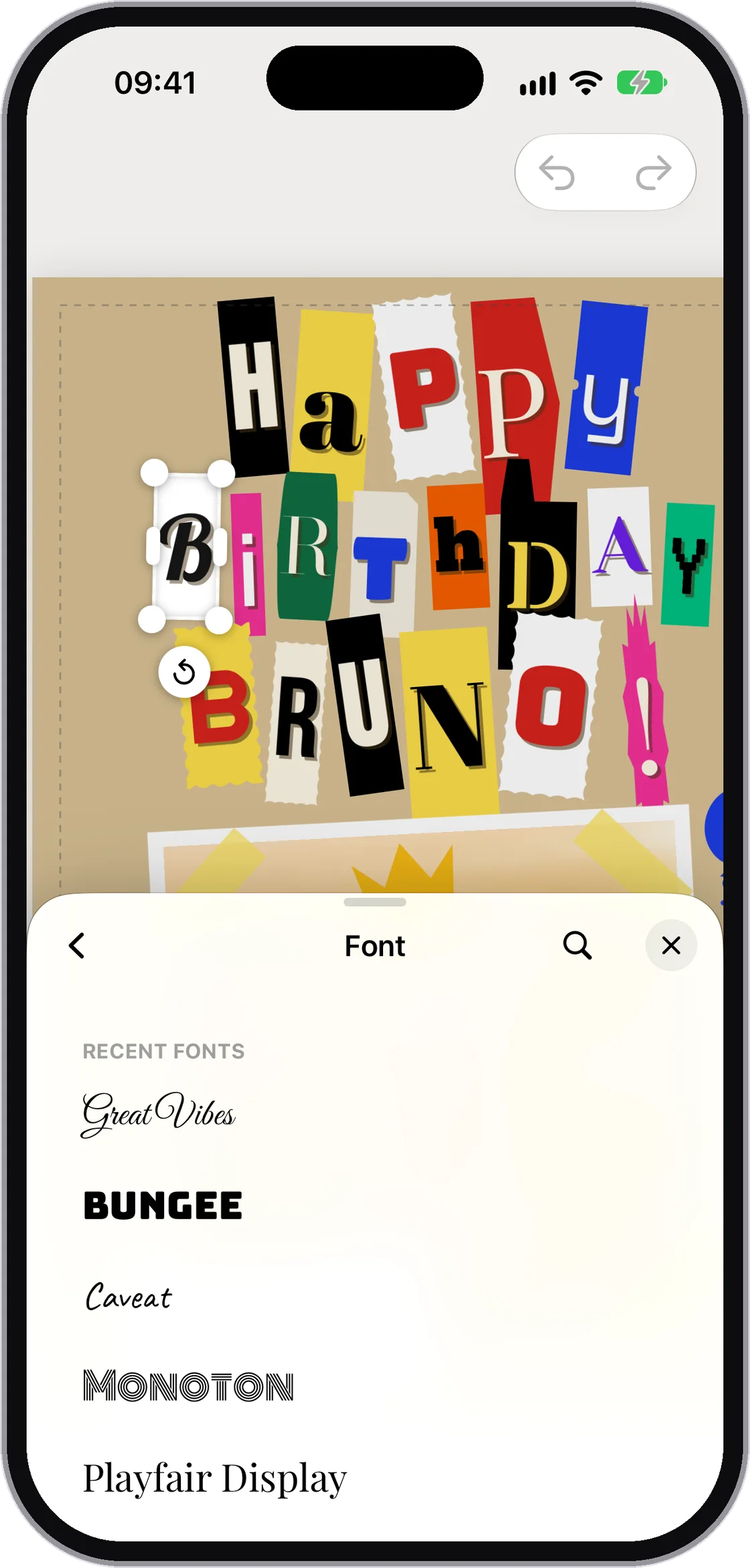 Son seçilenlerle yazı tipi listesi: Great Vibes, Bungee, Caveat, Monoton ve Playfair Display.