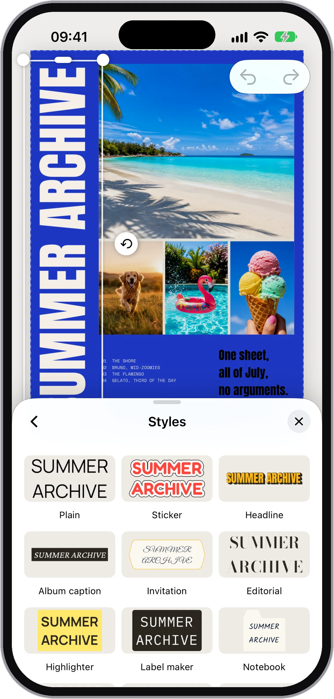 Metin Stiller paneli, SUMMER ARCHIVE yazısını Düz, Çıkartma, Başlık, Davetiye ve diğer stillerde gösteriyor.