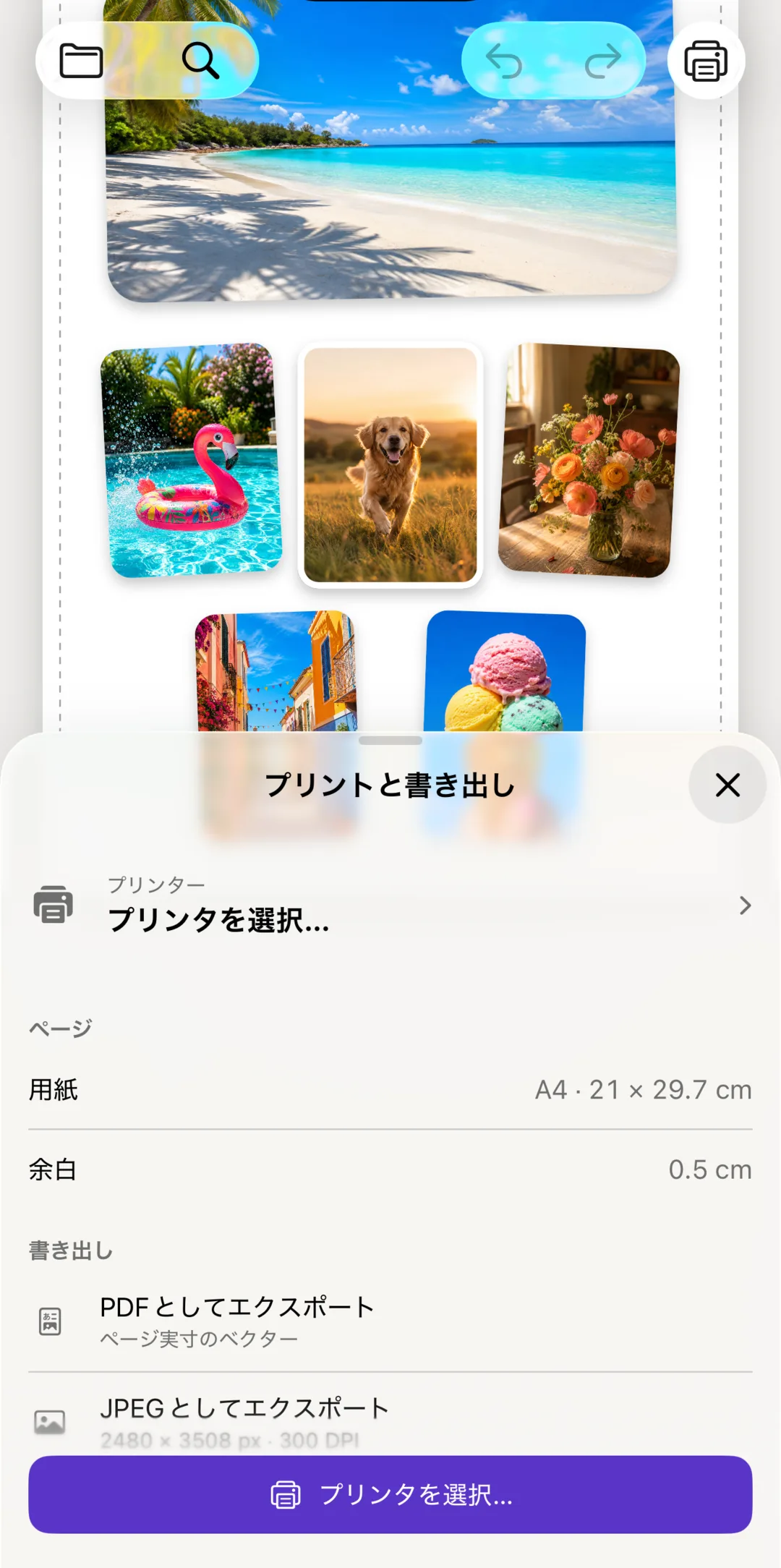 プリンタ、用紙、書き出し設定を表示する印刷ツール