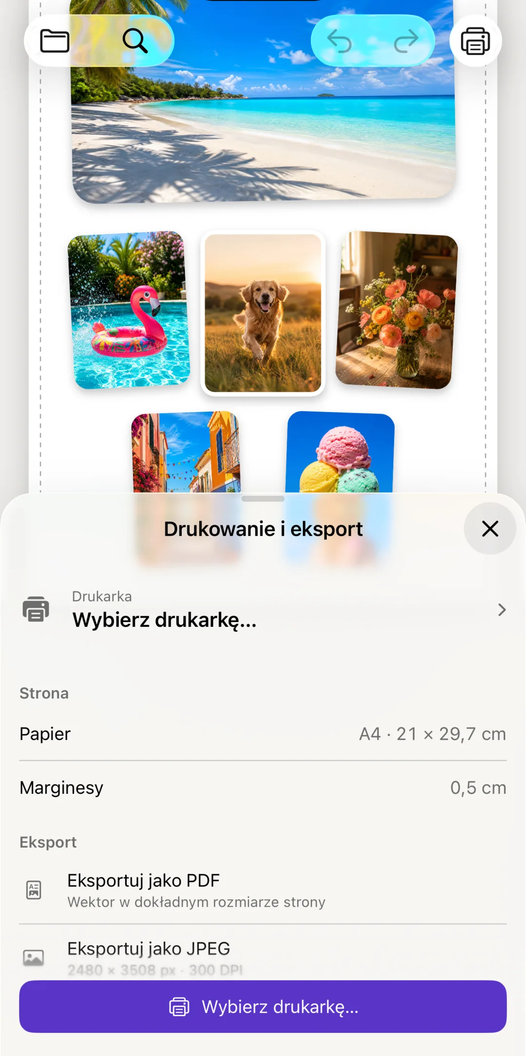 Narzędzie Drukuj z drukarką, papierem i opcjami eksportu