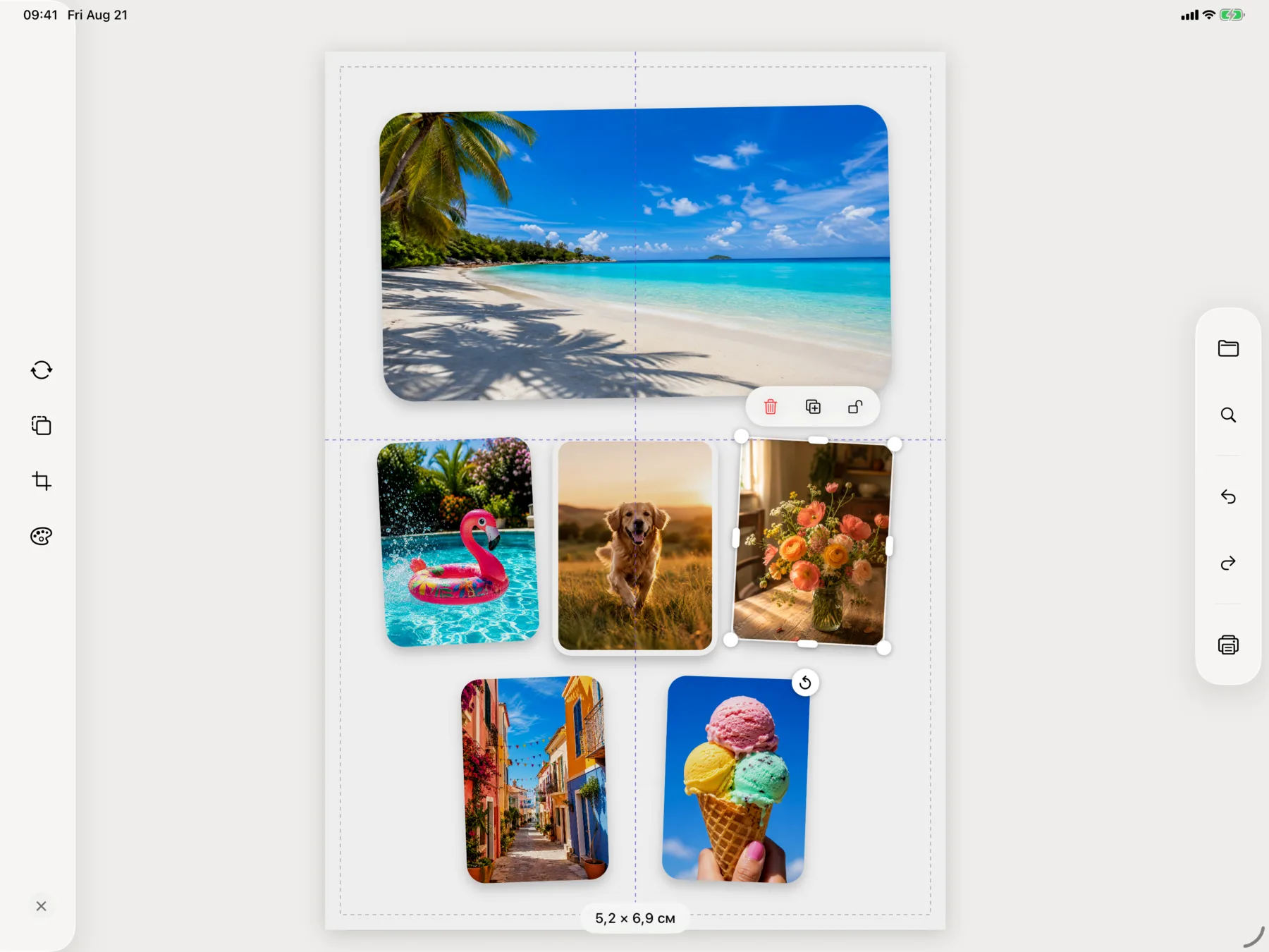 PrintRight на iPad с направляющими во время перемещения фотографии